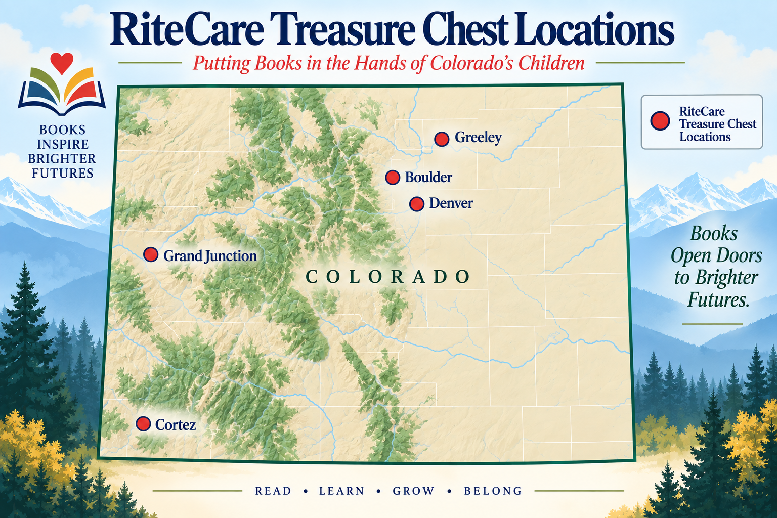 Map showing RiteCare Treasure Chest locations in Greeley, Boulder, Denver, Grand Junction, and Cortez, Colorado.
